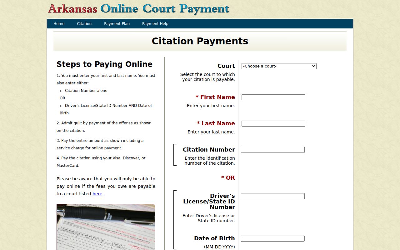 Searcy County traffic warrant Arkansas citation payment fields