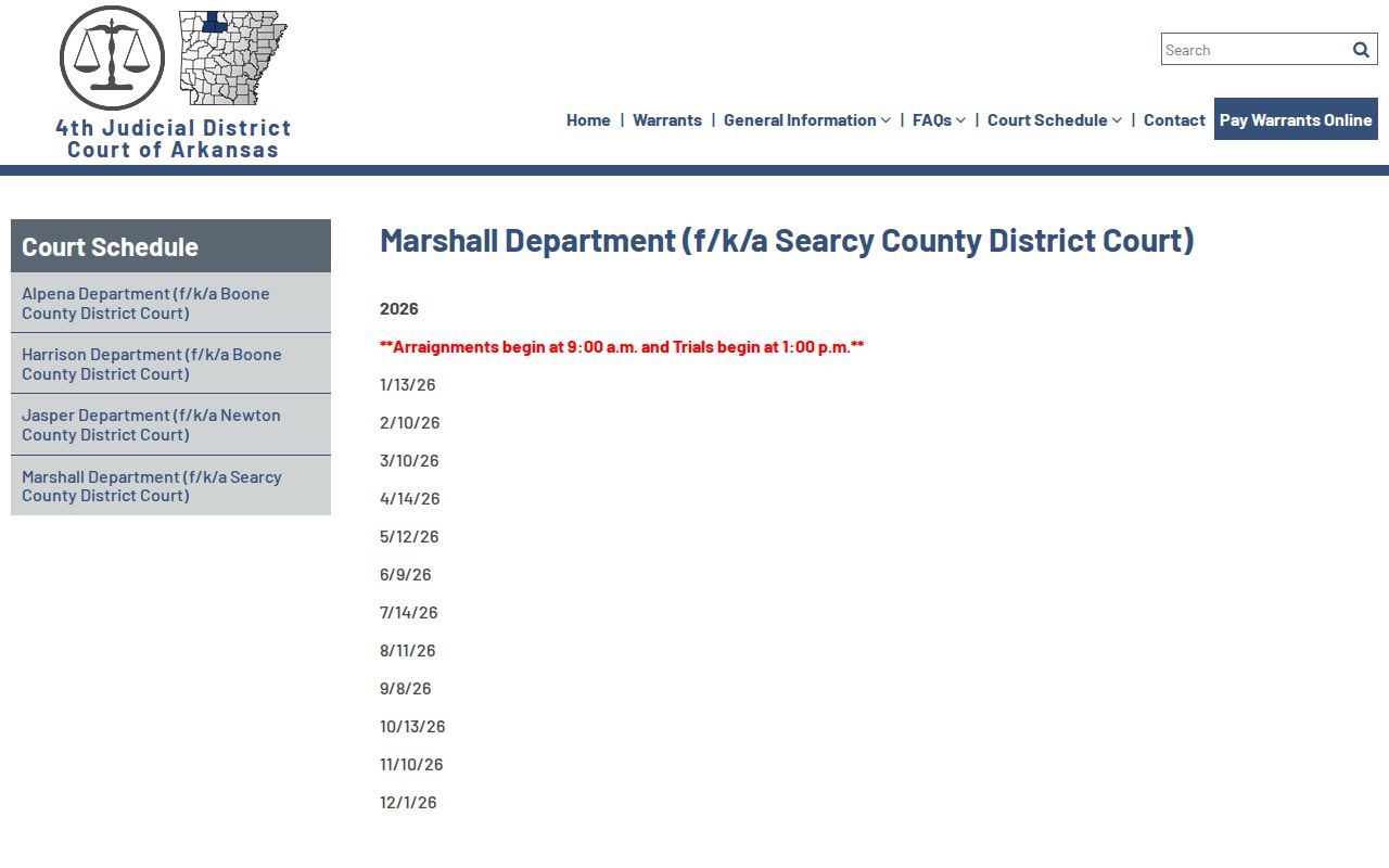 Searcy County traffic warrant Marshall Department schedule