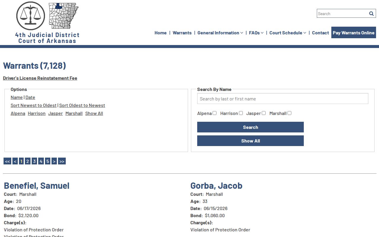 Searcy County warrant records Marshall name search interface